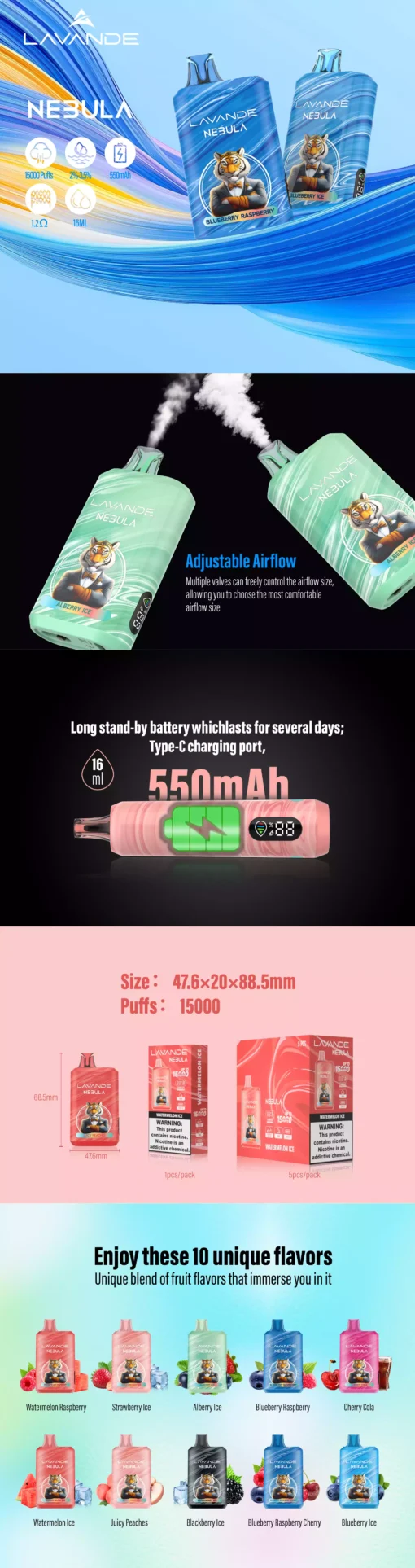 High Quality Wholesale Lavande NEBULA 15000 Puffs Rechargeable Vape Featuring 1.2 Mesh Coil and LED Screen
