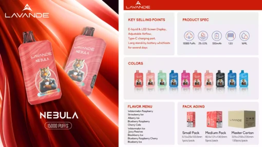 High Quality Wholesale Lavande NEBULA 15000 Puffs Rechargeable Vape Featuring 1.2 Mesh Coil and LED Screen